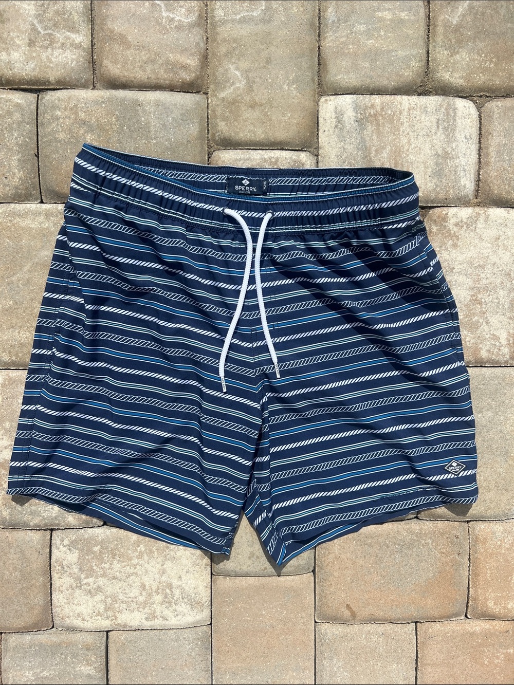 Sperry Navy and White Striped Swim Trunks